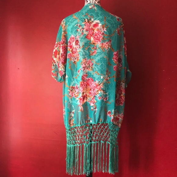 Floral kimono fringe spring summer beach casual - Picture 5 of 5
